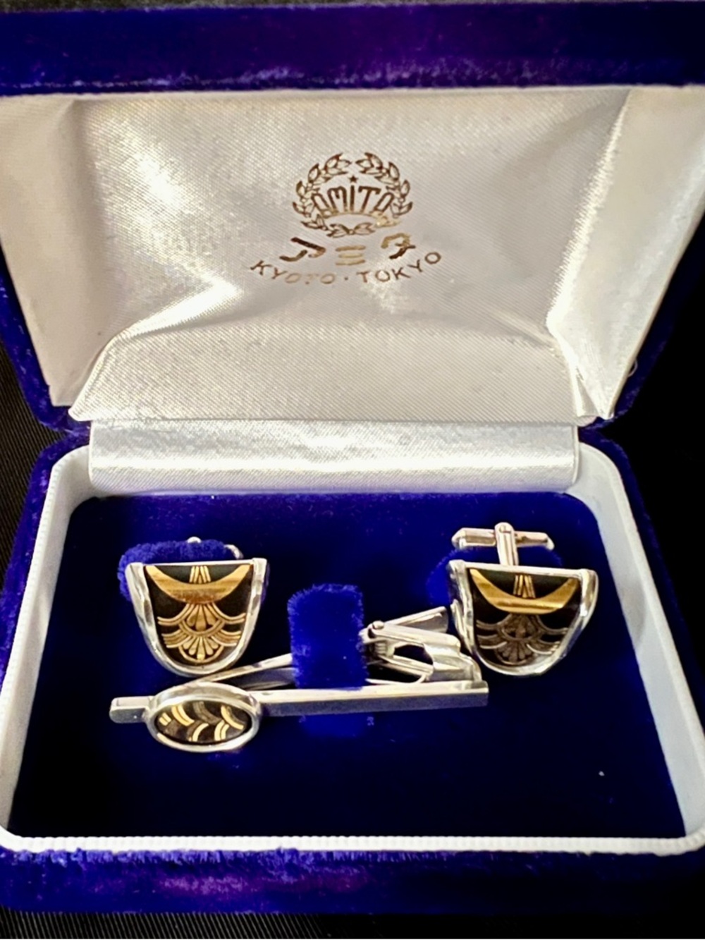 Vintage Amita Damascene Cufflinks & Tie Bar Set Gold Silver Original Box Japan